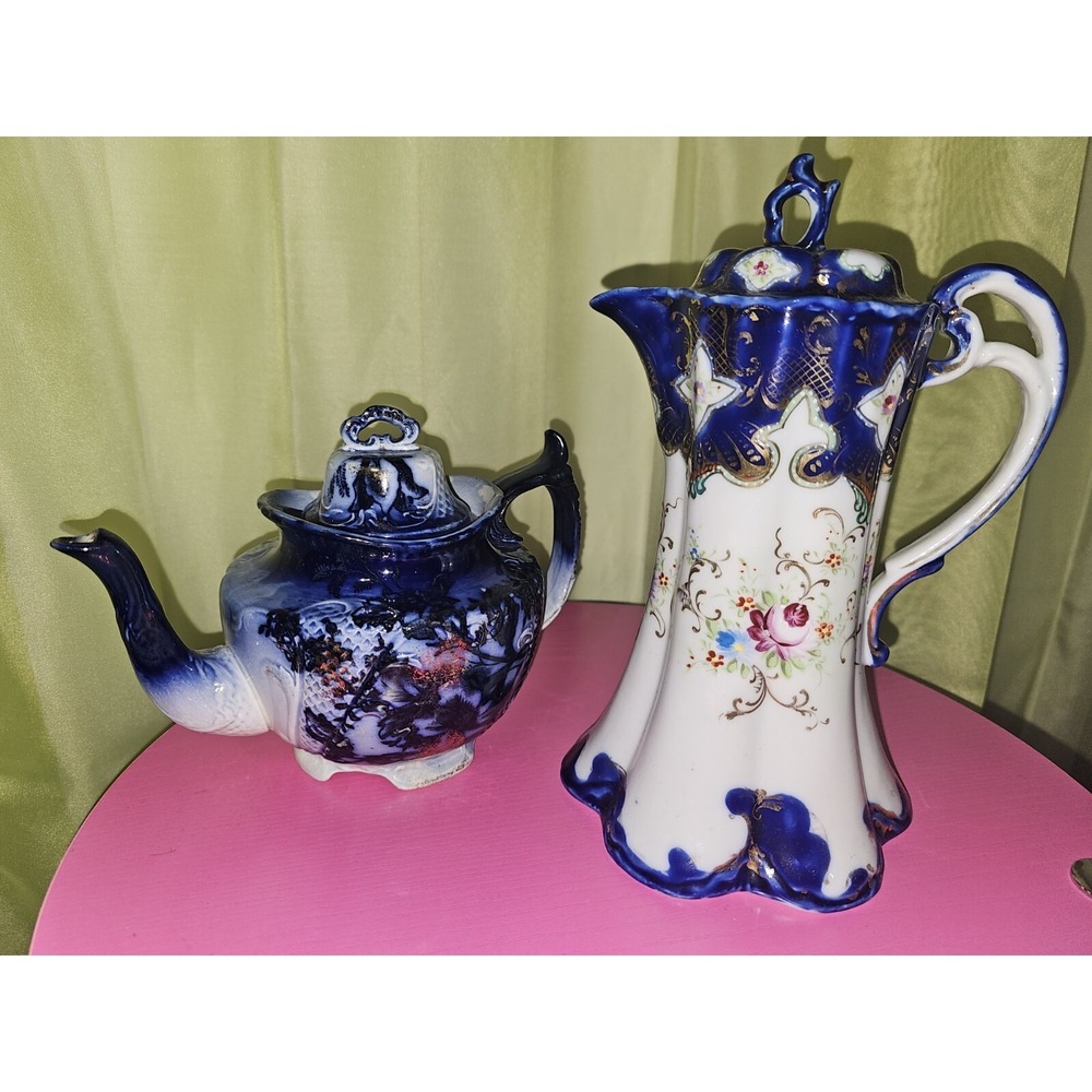 2 Rare antique dark blue white Stone China Staffordshire transferware teapots